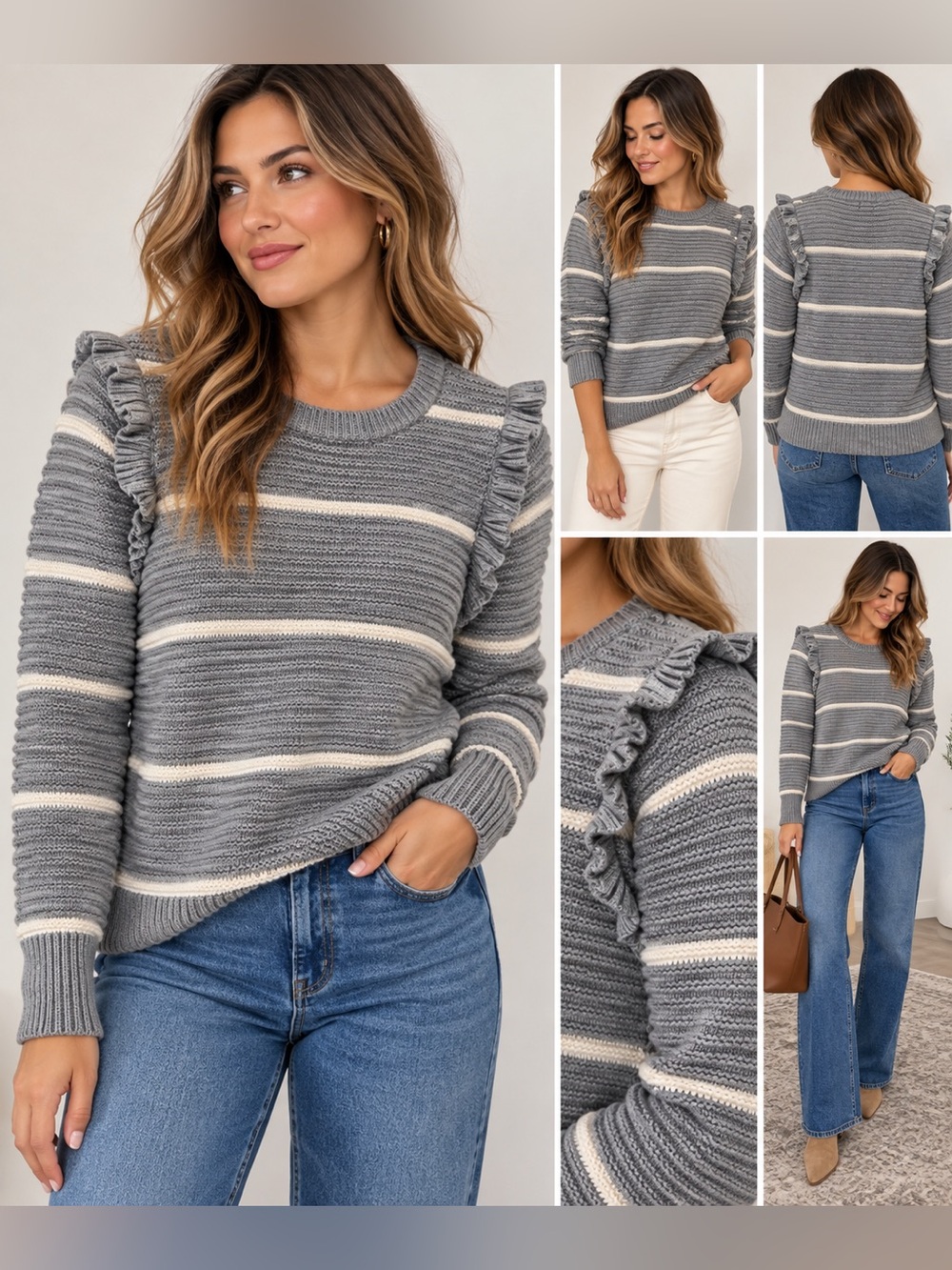 Banana Republic Gray & Cream Striped Ruffle Shoulder Knit Sweater M